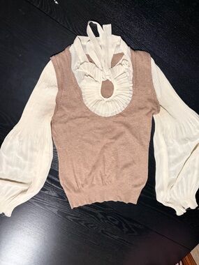next Cream Ruffled Blouse with Tan Knit Top